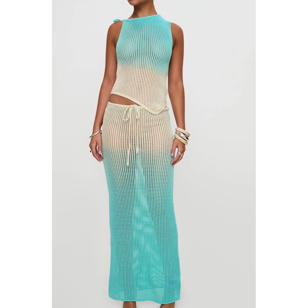 Princess Polly Boho Crochet Ombre Skirt Set Turquoise Cream Asymmetrical US 2